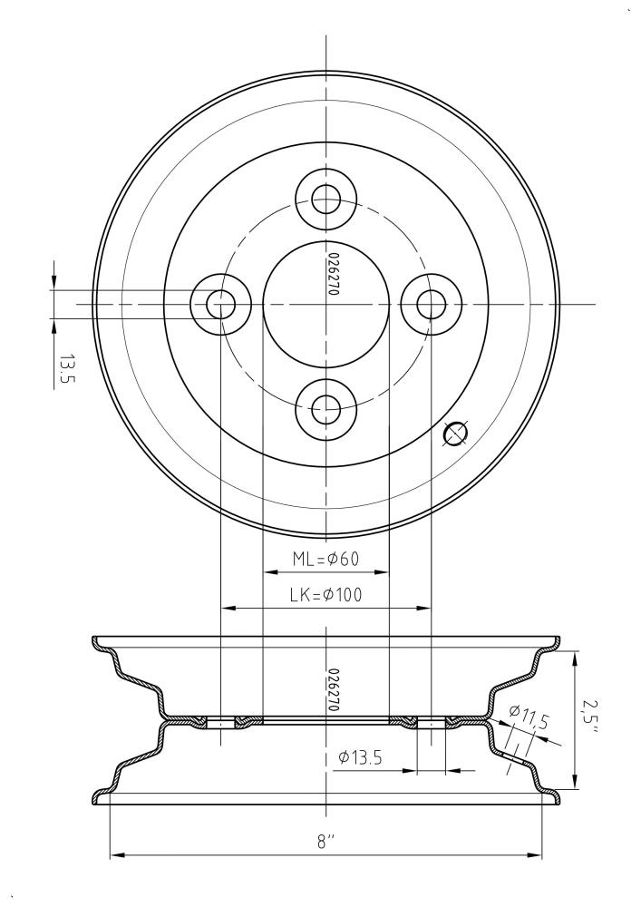 technische Zeichnung zu: Felge 2.50Ax8, LK:4/60/100, ET0, 425Kg/130kmh, D12, Ø16mm, R12 (Kugel)