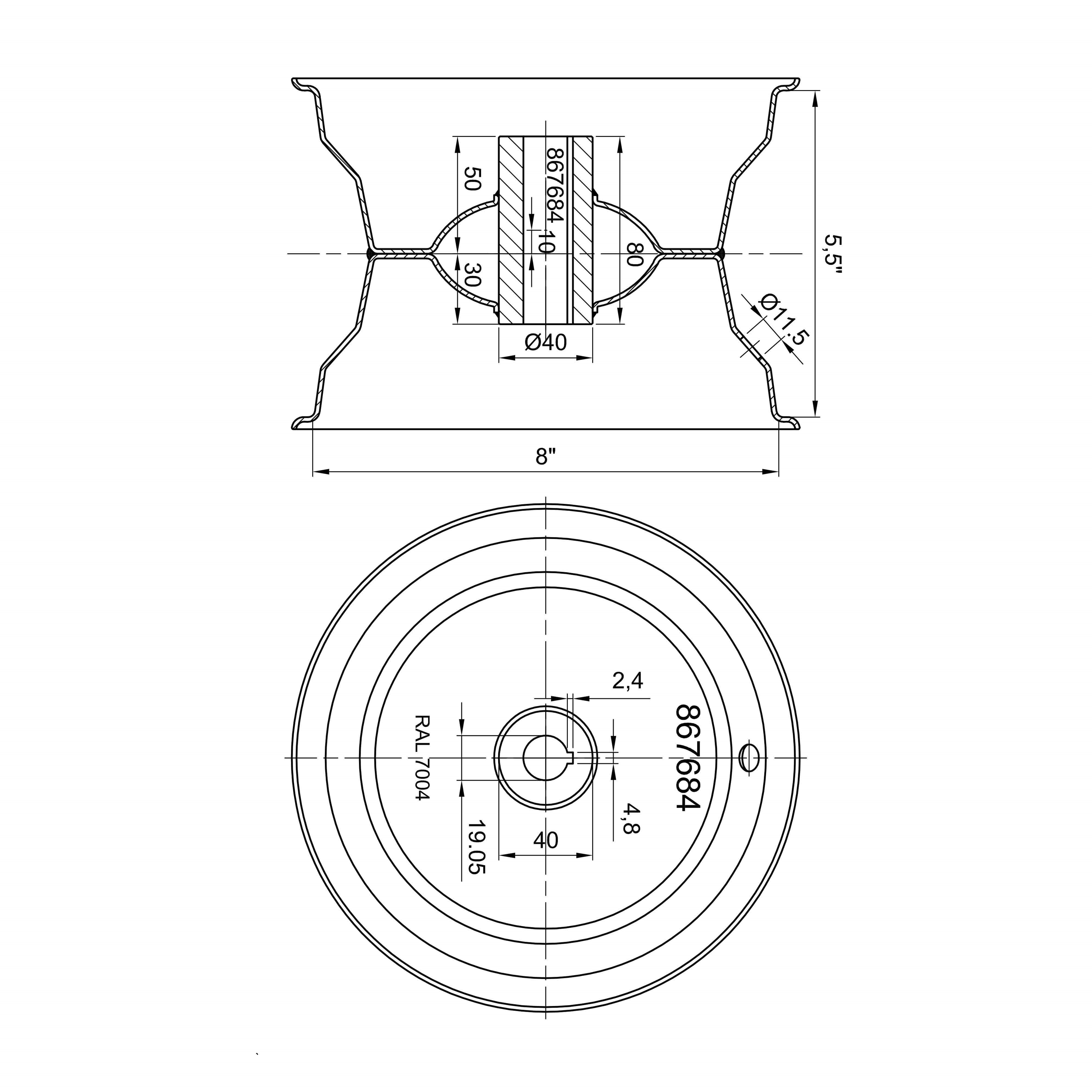 technische Skizze zu Komplettrad 16x6.50-8, K358, Achs-Ø: 19.05 mm Keilnut: 4,8mm