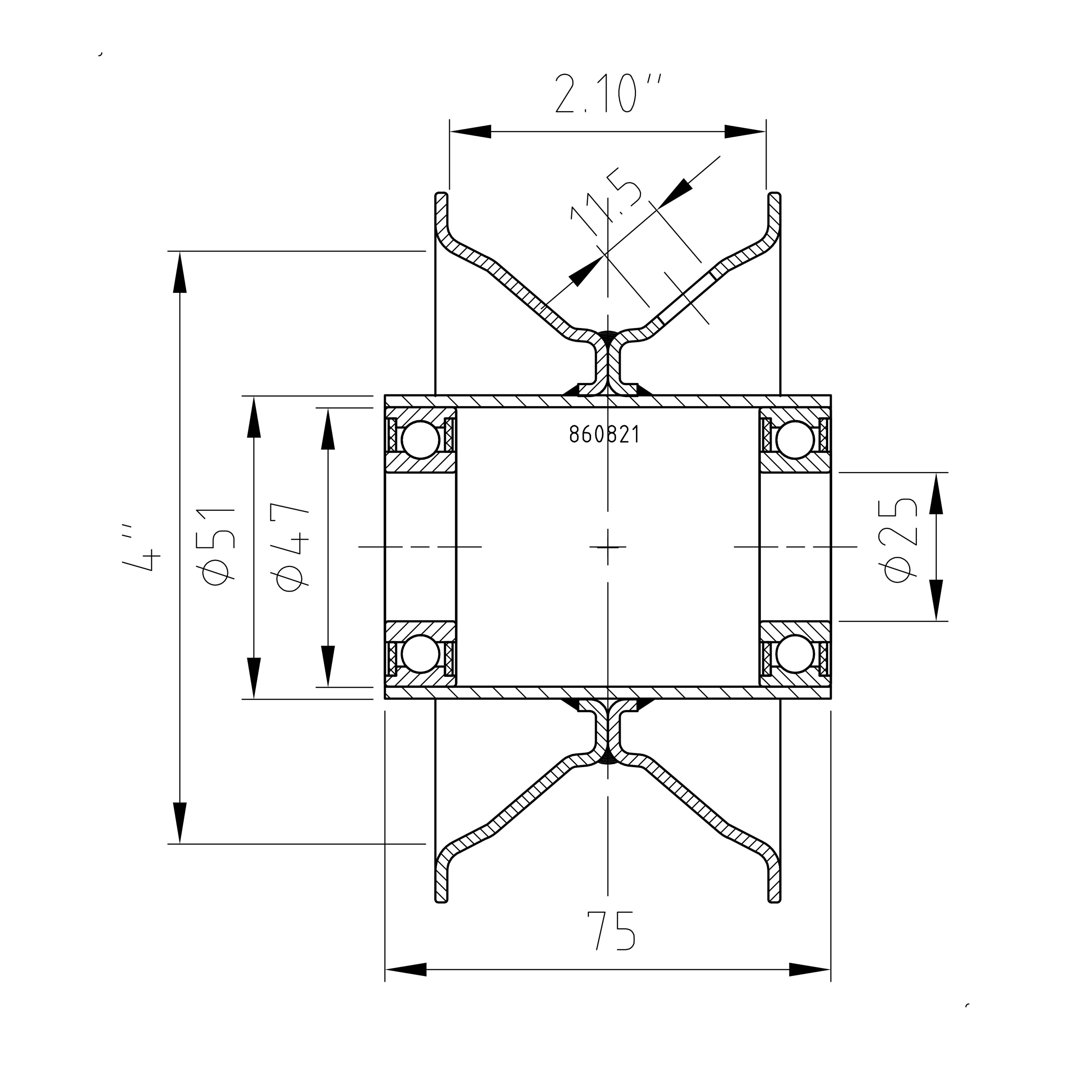 technische Zeichnung zu Felge 2.10x4, Nabe: 25x75mm, Kugellager