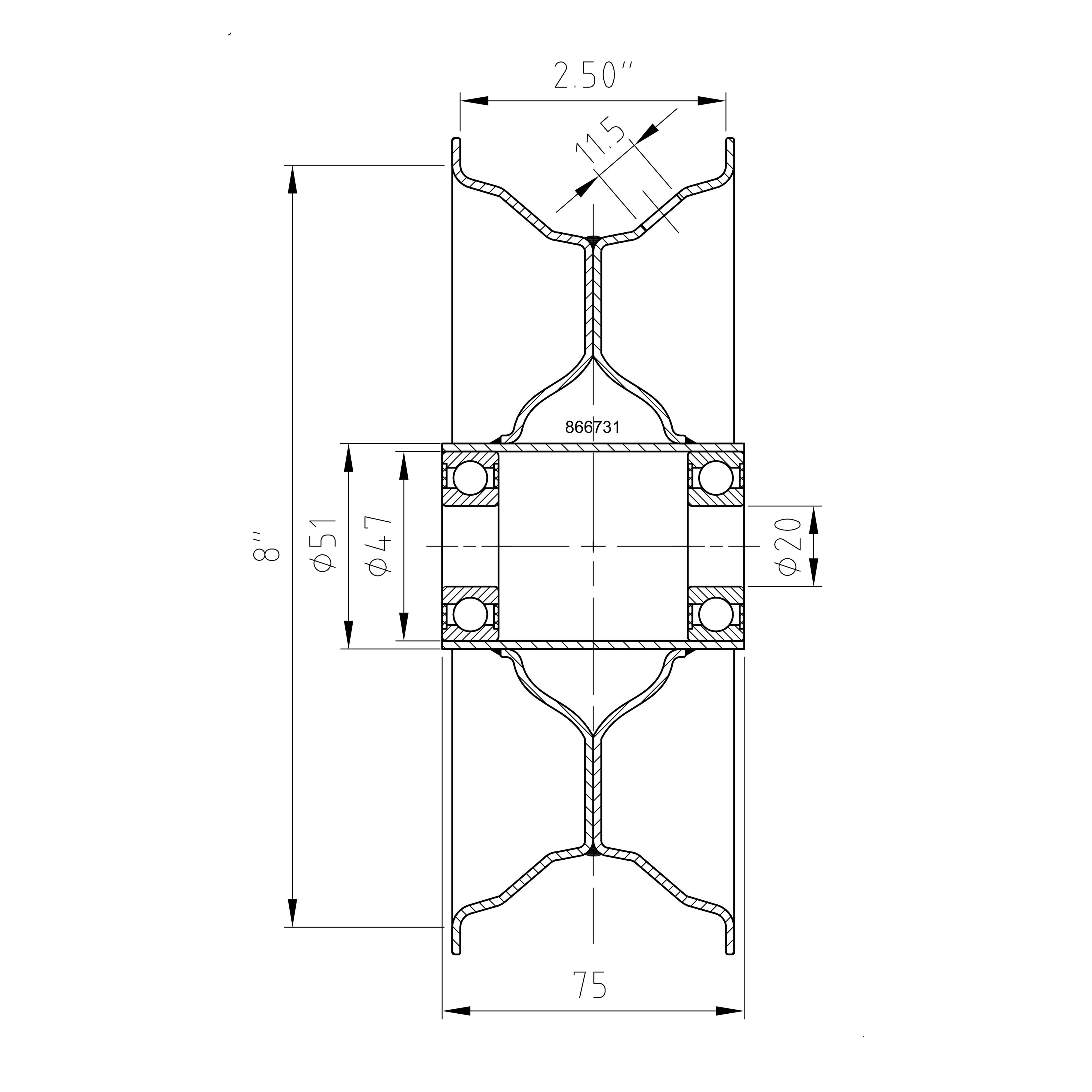 technische Zeichnung: Schubkarrenfelge 2.50Ax8, Nabe: 20x75mm (Kugellager)