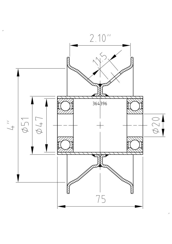 technische Zeichnung von: Felge 2.10x4, Nabe: 20x75mm, RAL7004, Kugellager