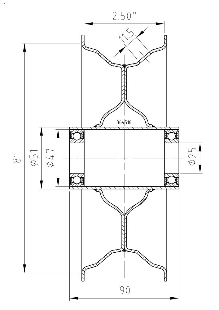 technische Zeichnung zu Felge 2.50Ax8, Nabe: 25x90mm, RAL7004, Kugellager