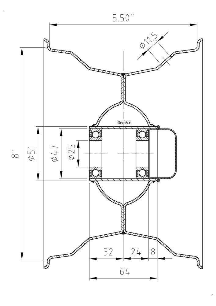 technische Zeichnung zu: Felge 5.50Ax8, Nabe: 25x64-8mm, Kugellager, mit Metallkappe