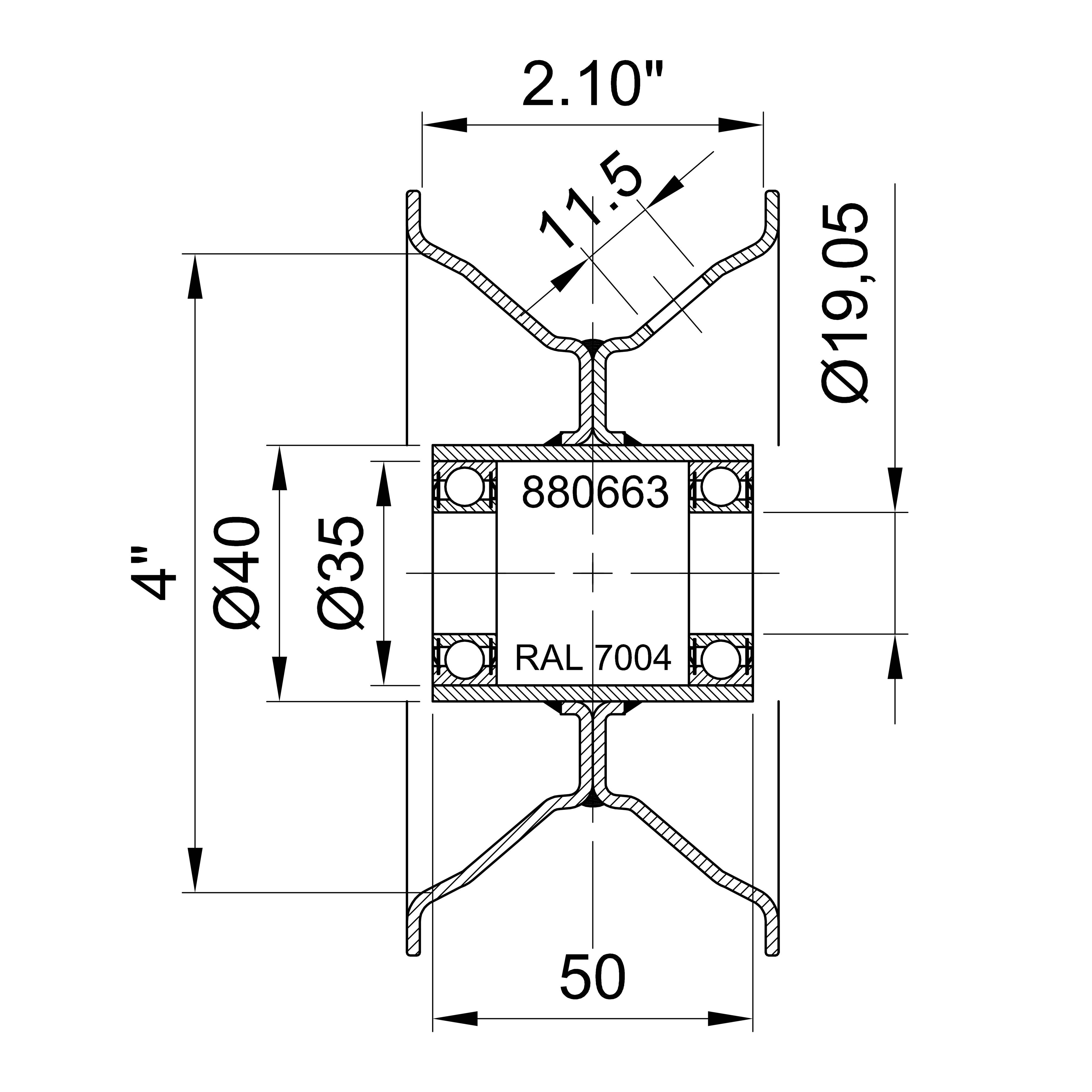 Felgenskizze zu Rad für Rasentraktor 11x4.00-4, 4PR, TT, Kenda K358, Nabe: 19.05x50mm