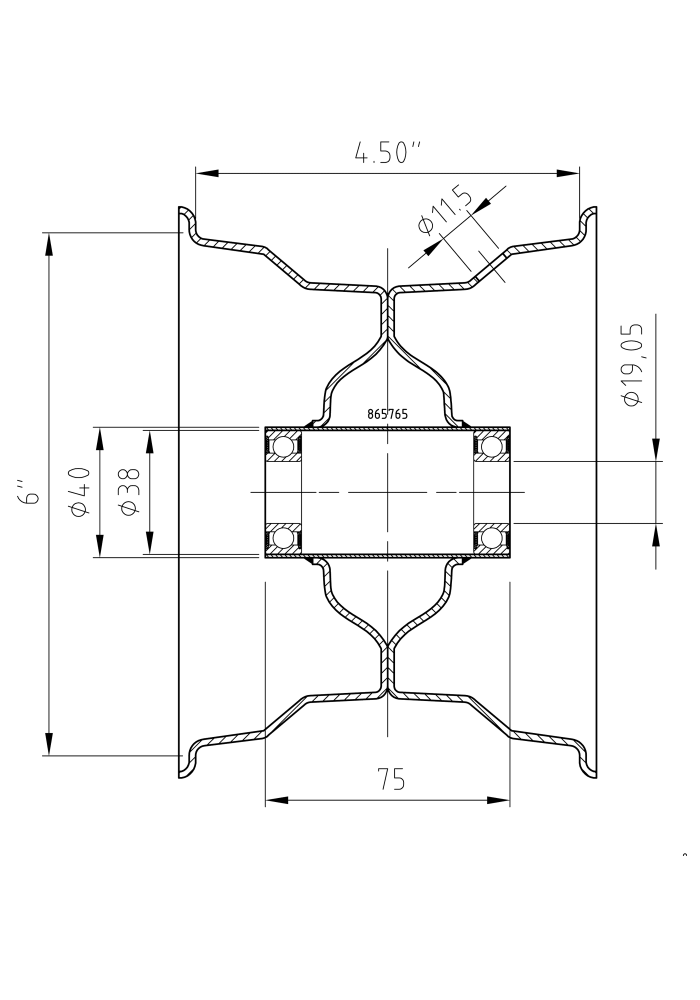 technische Zeichnung zu: Felge 4.50Ax6, Nabe: 19.05x75mm, RAL7004, Kugellager