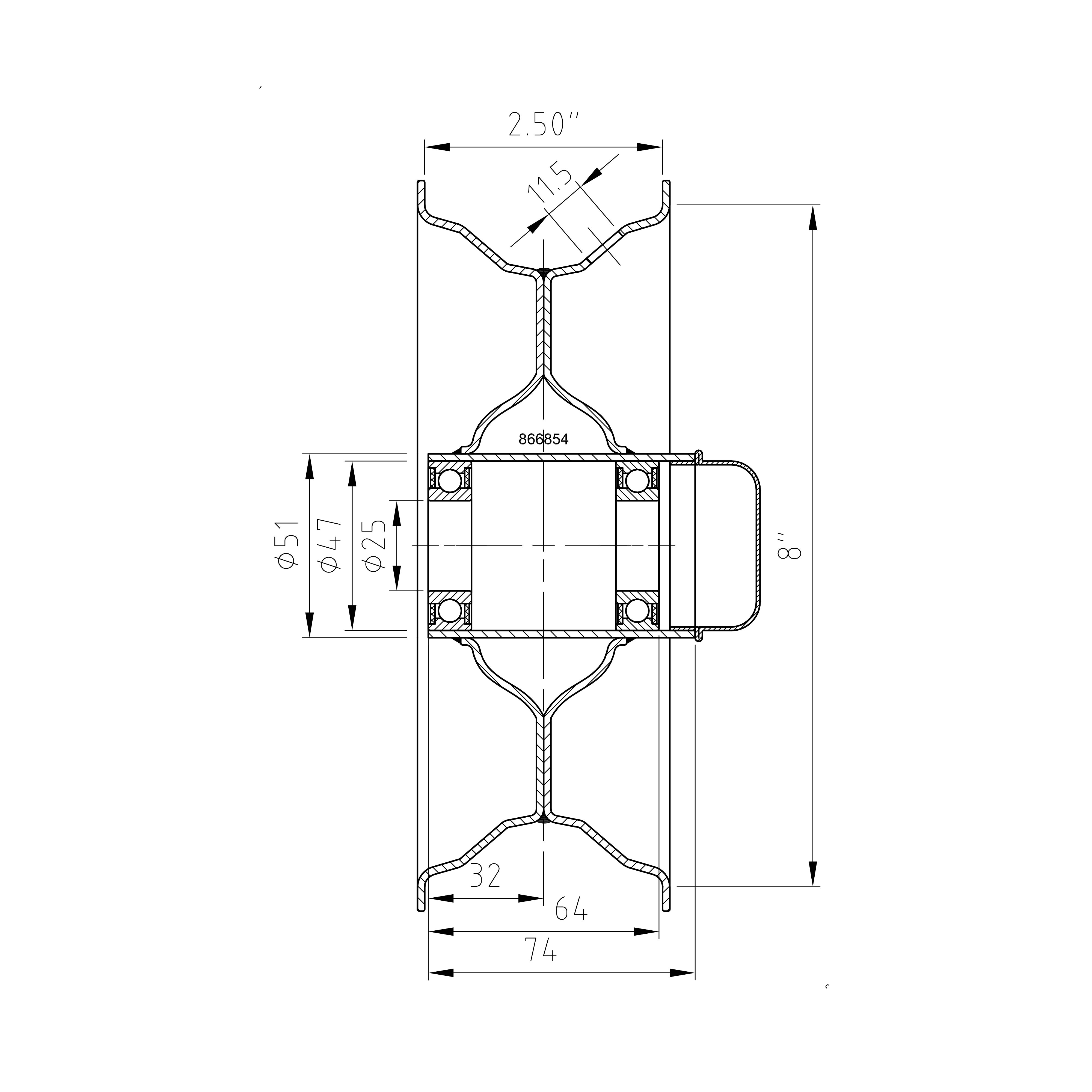 technische Zeichnung zu: Felge 2.50Ax8, Nabe: 25x64/74mm, RAL7004, Kugellager, inkl. Metallkappe