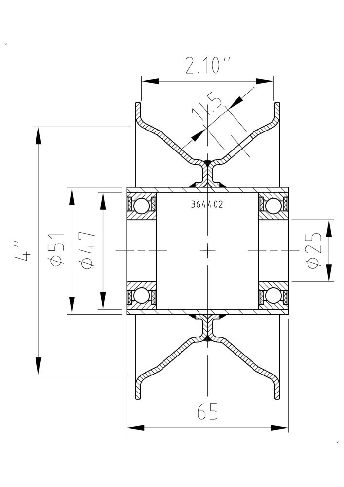 technische Zeichnung von: Felge 2.10x4, Nabe: 25x65mm, RAL7004, Kugellager