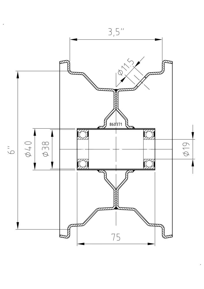 technische Zeichnung zu: Felge 3.50Ax6, Nabe: 19.05x75mm, RAL7004, Kugellager