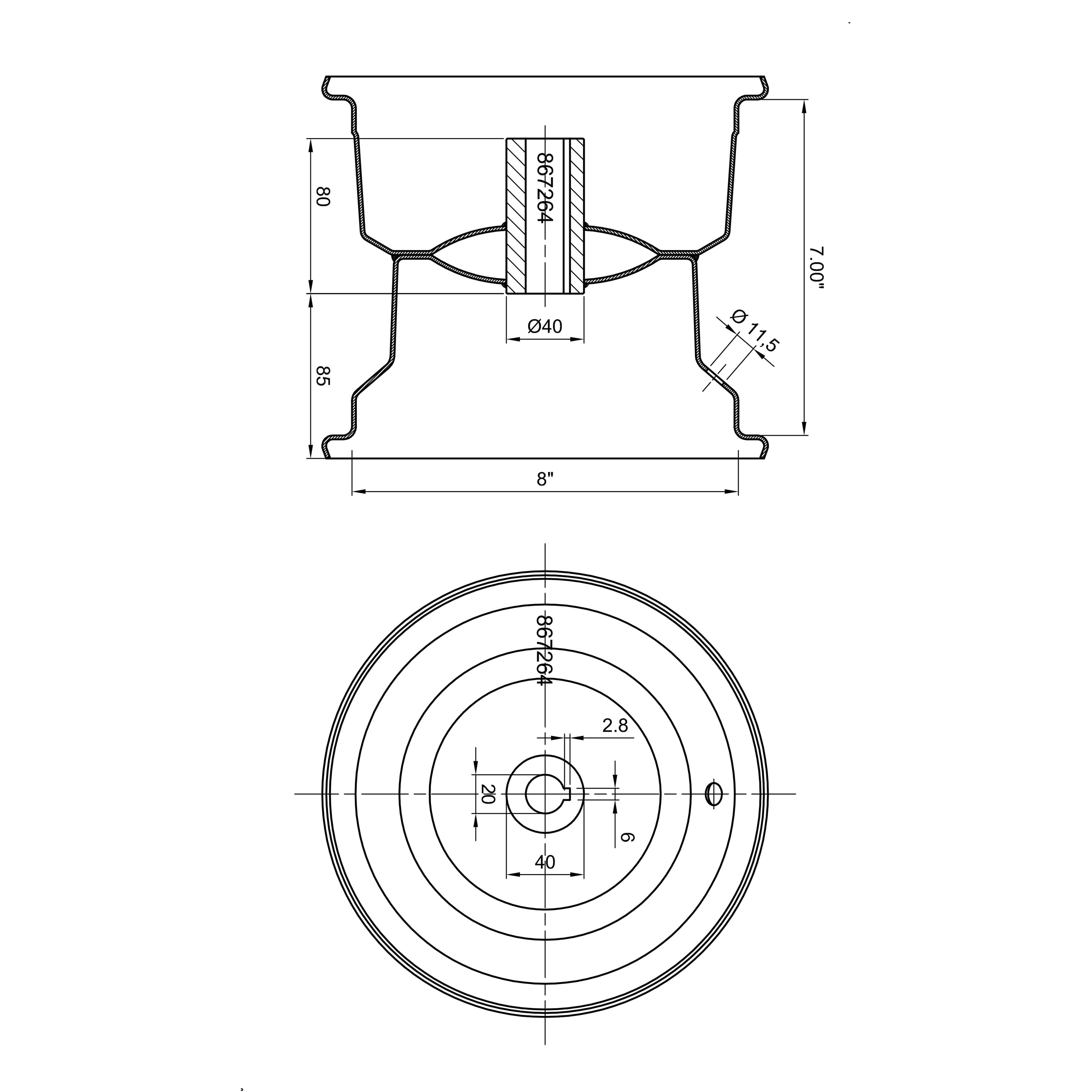 Felgenskizze - Rasentraktor Rad 230/60-8, 4PR,Kenda K358, Achs-Ø: 20mm, Keilnut: 6mm